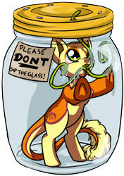 Size: 889x1260 | Tagged: safe, artist:dawnallies, derpibooru import, part of a series, part of a set, oc, oc only, oc:non toxic, monster pony, original species, tatzlpony, don't tap the pony in the jar, glass, jar, simple background, solo, tentacle tongue, tentacles, tongue out, transparent background, trapped
