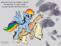 Size: 1500x1133 | Tagged: safe, artist:xbi, derpibooru import, applejack, rainbow dash, earth pony, pegasus, pony, 30 minute art challenge, carrying, cloud, dialogue, flying, kicking, underhoof