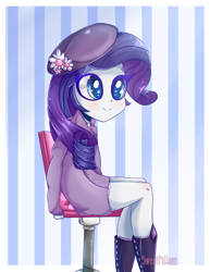 Size: 1280x1654 | Tagged: safe, artist:vixelzf, rarity, equestria girls, chair, clothes, cute, flower, flower in hair, raribetes, sitting, smiling, solo