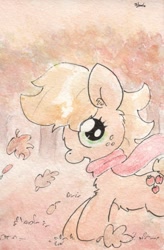 Size: 679x1034 | Tagged: safe, artist:slightlyshade, applejack, earth pony, pony, alternate hairstyle, chest fluff, clothes, cute, scarf, solo, traditional art