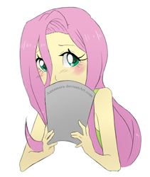 Size: 600x710 | Tagged: safe, artist:annamaru, fluttershy, equestria girls, clothes, female, pink hair, solo, yellow skin