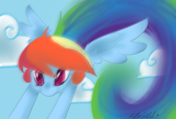 Size: 1024x694 | Tagged: safe, artist:missrenakitsune, derpibooru import, rainbow dash, pegasus, pony, blurry, flying, solo