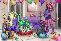 Size: 5400x3600 | Tagged: safe, artist:p5ych, oc, oc only, anthro, dragon, earth pony, pegasus, pony, absurd resolution, anthro with ponies, balloon, balloon popping, blushing, chair, clothes, commission, crossover, detailed background, feline, heterochromia, popping, sitting, socks, stockings, stool, surprised, thigh highs, vest