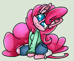 Size: 1024x836 | Tagged: dead source, safe, artist:madacon, artist:sb-emmitheponyartist, edit, pinkie pie, anthro, unguligrade anthro, clothes, shorts, simple background, socks, solo, sweater, trace