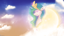 Size: 2560x1440 | Tagged: safe, artist:officialapocalyptic, artist:portalart, artist:tamikimaru, princess celestia, alicorn, pony, catasterism, cloud, ear fluff, solo, sun, wallpaper