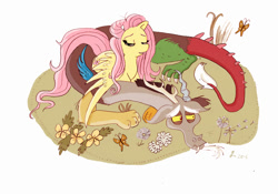 Size: 1000x700 | Tagged: safe, artist:praysforaprankster, discord, fluttershy, pegasus, pony, comfort, discoshy, female, friendshipping, grumpy, male, sad, shipping, straight, wings