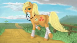 Size: 3000x1688 | Tagged: dead source, safe, artist:oneofyouare, applejack, earth pony, pony, 42, bridle, dock, horses doing horse things, leg wraps, plot, reins, solo, tack, tail wrap