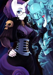 Size: 2480x3508 | Tagged: safe, artist:dozer, rarity, anthro, breasts, cleavage, clothes, corset, crossover, female, glasses, grimgrimoire, looking at you, pixiv, raritits, red eye, skull