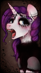 Size: 998x1760 | Tagged: safe, artist:vetallie, rarity, pony, unicorn, clothes, crying, open mouth, solo, teeth