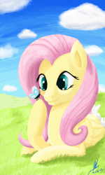 Size: 1080x1800 | Tagged: safe, artist:deviousshadow, angel bunny, fluttershy, butterfly, pegasus, pony, cloud, cloudy, prone, sky