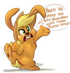 Size: 892x925 | Tagged: safe, artist:thedoggygal, applejack, rabbit, feet, solo, species swap