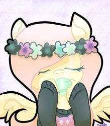 Size: 1024x1170 | Tagged: safe, artist:tuxisthename, fluttershy, pegasus, pony, clothes, cup, cute, eyes closed, floral head wreath, pastel, shyabetes, solo, sweater, sweatershy