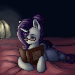 Size: 1500x1500 | Tagged: safe, artist:kira-minami, opalescence, rarity, pony, unicorn, alternate hairstyle, bed, book, glasses, reading, solo
