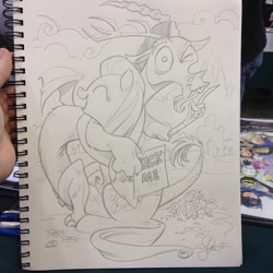 Size: 640x640 | Tagged: safe, artist:andypriceart, discord, fluttershy, pegasus, pony, discord being discord, kick me, prank, traditional art