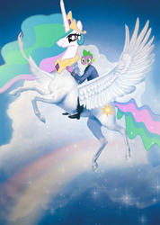 Size: 600x843 | Tagged: safe, artist:barbra, princess celestia, spike, alicorn, dragon, human, pony, female, flying, male, mare, rainbow, sky, spock, wat