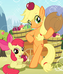 Size: 400x466 | Tagged: safe, artist:akira himekawa, apple bloom, applejack, earth pony, pony, adorabloom, apple, applebetes, cute, jackabetes, japanese, manga