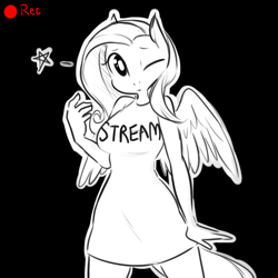 Size: 900x900 | Tagged: safe, artist:glacierclear, fluttershy, anthro, cute, monochrome, shyabetes, solo, wink