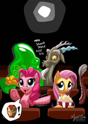 Size: 955x1351 | Tagged: safe, artist:mysticalpha, discord, fluttershy, pinkie pie, smooze, earth pony, pegasus, pony, make new friends but keep discord, cinema, cute, diapinkes, exclamation point, iron man, open mouth, pictogram, popcorn, shipping, smoozcord, speech bubble, that was fast