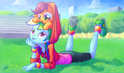 Size: 1920x1136 | Tagged: safe, artist:halem1991, derpibooru import, rainbow dash, scootaloo, pegasus, pony, equestria girls, clothes, color porn, cute, cutealoo, dashabetes, halem1991 is trying to murder us, heartwarming, hoodie, pony hat, scootalove, shorts