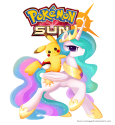 Size: 1700x1850 | Tagged: safe, artist:exceru-karina, princess celestia, alicorn, pikachu, pony, crossover, pokéball, pokémon, pokémon sun, simple background, white background