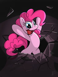 Size: 768x1024 | Tagged: safe, artist:secoh2000, pinkie pie, pony, bipedal, broken screen, fourth wall, open mouth, solo