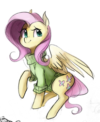 Size: 1057x1280 | Tagged: safe, artist:dotkwa, artist:glacierclear, artist:glacierclear edits, edit, fluttershy, pegasus, pony, bottomless, clothes, cute, female, mare, partial nudity, raised hoof, shirt, shyabetes, smiling, solo, sweater, sweatershy