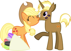 Size: 8813x6400 | Tagged: safe, artist:parclytaxel, applejack, trenderhoof, earth pony, pony, .svg available, absurd resolution, bouquet, eyes closed, female, flower, frown, kiss mark, kissing, lipstick, male, raised hoof, request, shipping, simple background, smiling, straight, surprise kiss, surprised, transparent background, trenderjack, tulip, vector
