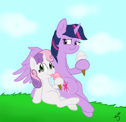 Size: 866x839 | Tagged: safe, artist:silver1kunai, derpibooru import, sweetie belle, twilight sparkle, twilight sparkle (alicorn), alicorn, pony, twilight time, eating, female, ice cream, licking, mare, wings