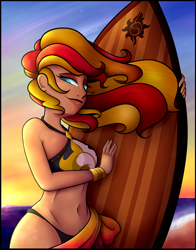 Size: 3300x4200 | Tagged: safe, artist:cosmicchrissy, sunset shimmer, human, beach, belly button, bikini, clothes, cute, female, humanized, midriff, ocean, sand, sarong, sexy, shimmerbetes, solo, summer sunset, surfboard, swimsuit, wavy mouth