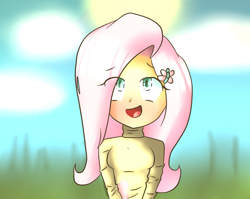 Size: 1378x1096 | Tagged: safe, artist:rosethekitty11, fluttershy, human, clothes, cute, humanized, looking up, open mouth, shyabetes, smiling, solo, sweatershy