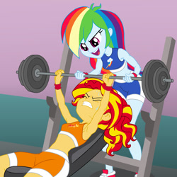 Size: 900x900 | Tagged: safe, artist:sapphiregamgee, part of a series, part of a set, rainbow dash, sunset shimmer, equestria girls, armpits, barbell, muscles, sunset lifter, sweat, workout