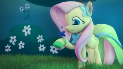 Size: 1920x1080 | Tagged: safe, artist:flutterdaz, fluttershy, bird, pegasus, pony, 3d, clothes, dress, flower, gala dress, grass, raised hoof, solo, source filmmaker