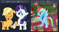 Size: 488x266 | Tagged: safe, derpibooru import, applejack, rainbow dash, rarity, earth pony, pegasus, pony, unicorn, angry, cute, dashabetes, derpibooru, female, jackabetes, juxtaposition, juxtaposition win, lesbian, meme, meta, rainbow dash is not amused, raribetes, rarijack, shipping, unamused