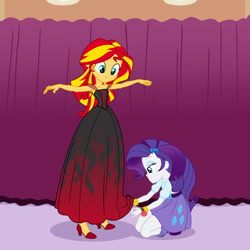 Size: 900x900 | Tagged: safe, artist:sapphiregamgee, rarity, sunset shimmer, equestria girls, carousel boutique, clothes, cute, dress, female, fiery shimmer, looking down, outstretched arms, raribetes, shimmerbetes, smiling