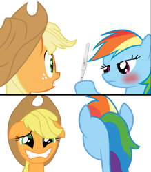 Size: 1023x1168 | Tagged: safe, artist:蘋果花, derpibooru import, applejack, rainbow dash, earth pony, pegasus, pony, appledash, female, implied magical lesbian spawn, lesbian, pregnancy test, pregnancy test meme, shipping