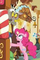 Size: 695x1029 | Tagged: safe, screencap, discord, pinkie pie, earth pony, pony, make new friends but keep discord, annoyed, cute, discord is not amused, discute, hape, hug, i need an adult, out of context, unamused