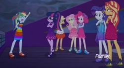 Size: 1309x726 | Tagged: safe, screencap, applejack, fluttershy, pinkie pie, rainbow dash, rarity, sci-twi, sunset shimmer, twilight sparkle, better together, equestria girls, spring breakdown, crossed arms, humane five, humane seven, humane six, raised arm, sleeveless