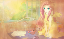 Size: 1024x640 | Tagged: dead source, safe, artist:dacapo24, fluttershy, human, game gear, humanized, pouting, solo, watermark, winged humanization