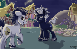 Size: 5100x3300 | Tagged: safe, artist:lostinthetrees, princess celestia, princess luna, oc, oc:ben herrin, alicorn, pony, animosity, duality, force field, lightning