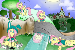 Size: 1350x900 | Tagged: safe, artist:drhikari, fluttershy, pegasus, pony, rabbit, bridge, clothes, hill, multeity, so much flutter, solo, tree