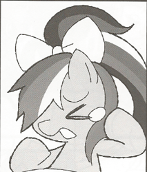 Size: 261x306 | Tagged: safe, derpibooru import, rainbow dash, pegasus, pony, crying, monochrome, ponytail, solo