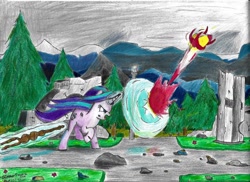 Size: 1280x931 | Tagged: safe, artist:johnerose126, starlight glimmer, pony, unicorn, angry, fight, glowing horn, horn, magic, ruins, shield, staff, staff of sameness, traditional art