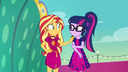 Size: 1920x1080 | Tagged: safe, screencap, sci-twi, sunset shimmer, twilight sparkle, better together, equestria girls, spring breakdown, best friends, clothes, dress, geode of telekinesis, glasses, hand on shoulder, magical geodes, shipping fuel, smiling