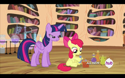 Size: 1680x1050 | Tagged: safe, derpibooru import, screencap, apple bloom, twilight sparkle, twilight sparkle (alicorn), alicorn, pony, twilight time, female, hub logo, lidded eyes, mare, out of context