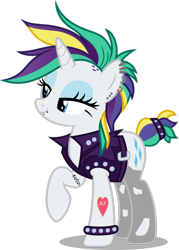 Size: 755x1057 | Tagged: safe, artist:dashiesparkle, artist:icey-wicey-1517, edit, rarity, pony, unicorn, alternate hairstyle, clothes, ear piercing, earring, eyeshadow, female, implied applejack, implied lesbian, implied rarijack, implied shipping, jacket, jewelry, leather jacket, makeup, mare, piercing, punk, raripunk, simple background, snake bites, socks, solo, spiked wristband, stockings, tattoo, thigh highs, torn clothes, transparent background, wristband