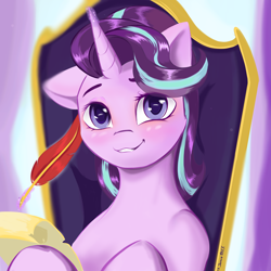Size: 4096x4096 | Tagged: safe, artist:xxpaw2001xx, starlight glimmer, pony, unicorn, absurd resolution, blushing, bust, cute, female, glimmerbetes, headmare starlight, looking at you, magic, mare, paper, quill, school of friendship, sitting, smiling, solo, telekinesis