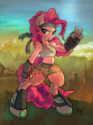 Size: 745x1000 | Tagged: safe, artist:dfectivedvice, artist:firebird145, pinkie pie, anthro, unguligrade anthro, badass, bandana, belly button, bipedal, chest fluff, clothes, midriff, peace sign, shorts, solo, tanktop