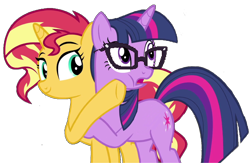 Size: 2048x1332 | Tagged: safe, artist:php77, editor:php77, sci-twi, sunset shimmer, twilight sparkle, pony, unicorn, better together, equestria girls, spring breakdown, equestria girls ponified, glasses, implied lesbian, implied scitwishimmer, implied shipping, ponified, unicorn sci-twi