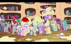 Size: 1680x1050 | Tagged: safe, derpibooru import, screencap, alula, aquamarine, aura (character), diamond tiara, dinky hooves, first base, heidi hay, liza doolots, peach fuzz, petunia, ruby pinch, silver spoon, super funk, tootsie flute, tornado bolt, train tracks (character), twilight sparkle, twilight sparkle (alicorn), alicorn, pony, twilight time, female, hub logo, mare, mess