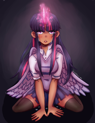 Size: 2975x3850 | Tagged: safe, artist:mylittleyuri, twilight sparkle, twilight sparkle (alicorn), alicorn, human, clothes, crying, dark background, digital art, horn, humanized, looking at you, sad, socks, thigh highs, wings